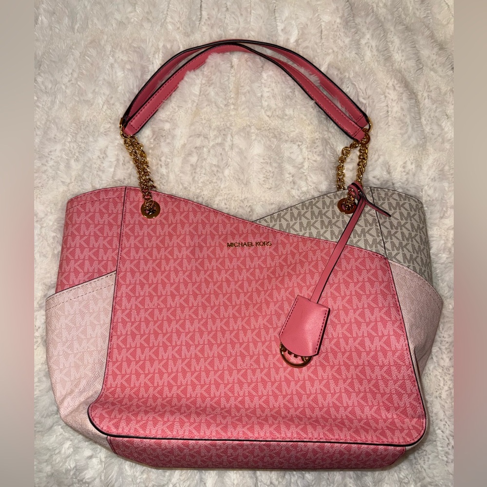 Michael Kors Jet Set Large Signature Logo Shoulder Bag in Pink and Cream